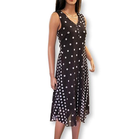 New T TAHARI Women's Polka Dot Print Sharkbite Hem Mesh Overlay Midi Dress - Picture 1 of 7